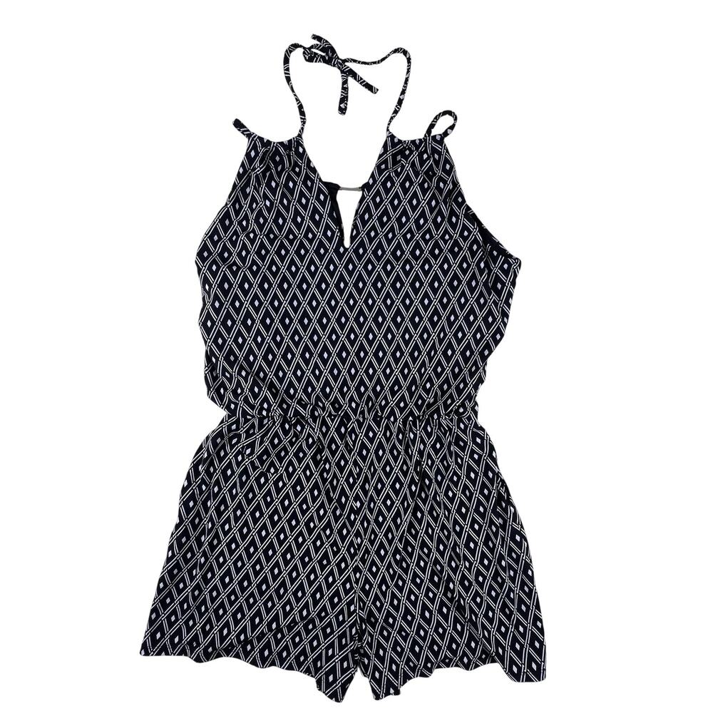 White House Black Market Navy & White Diamond Halter Romper
